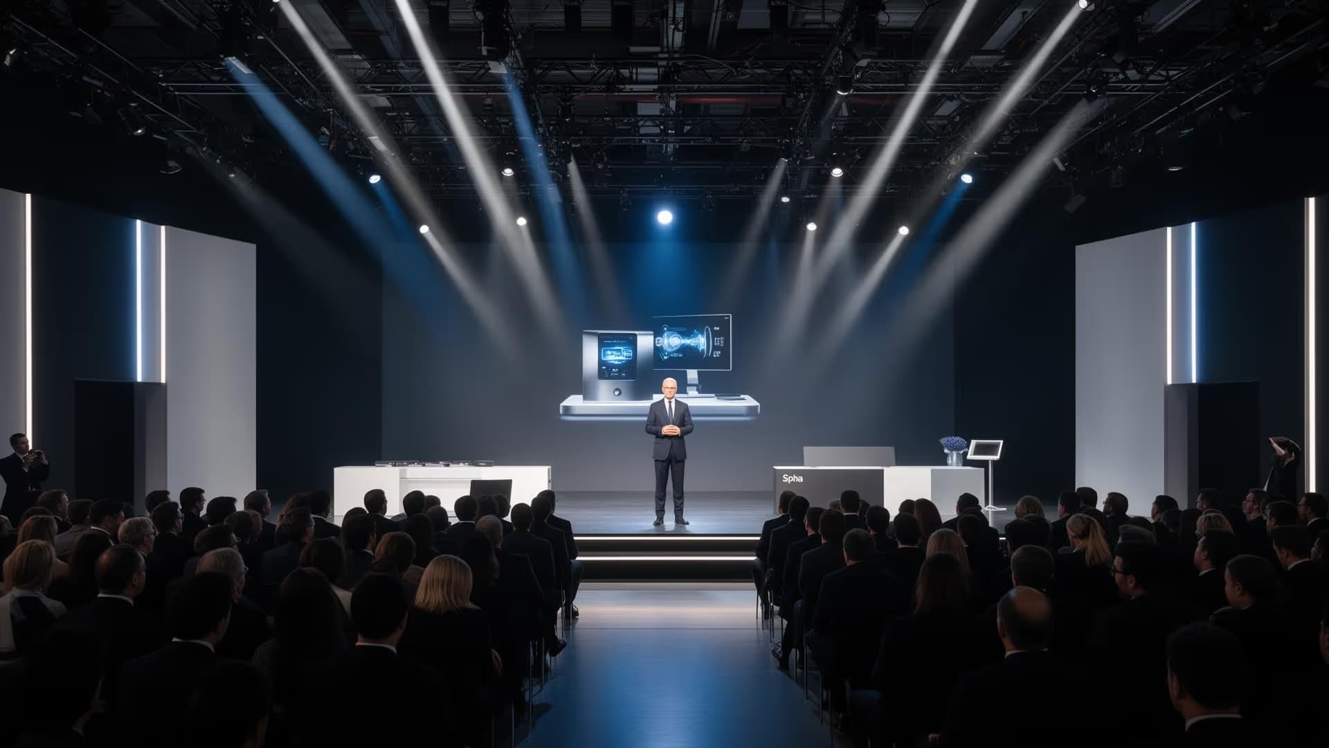 Ein Mann in einem Anzug hält eine Präsentation vor einem Publikum mit einem technischen Gerät auf der Bühne und Scheinwerfern im Hintergrund.