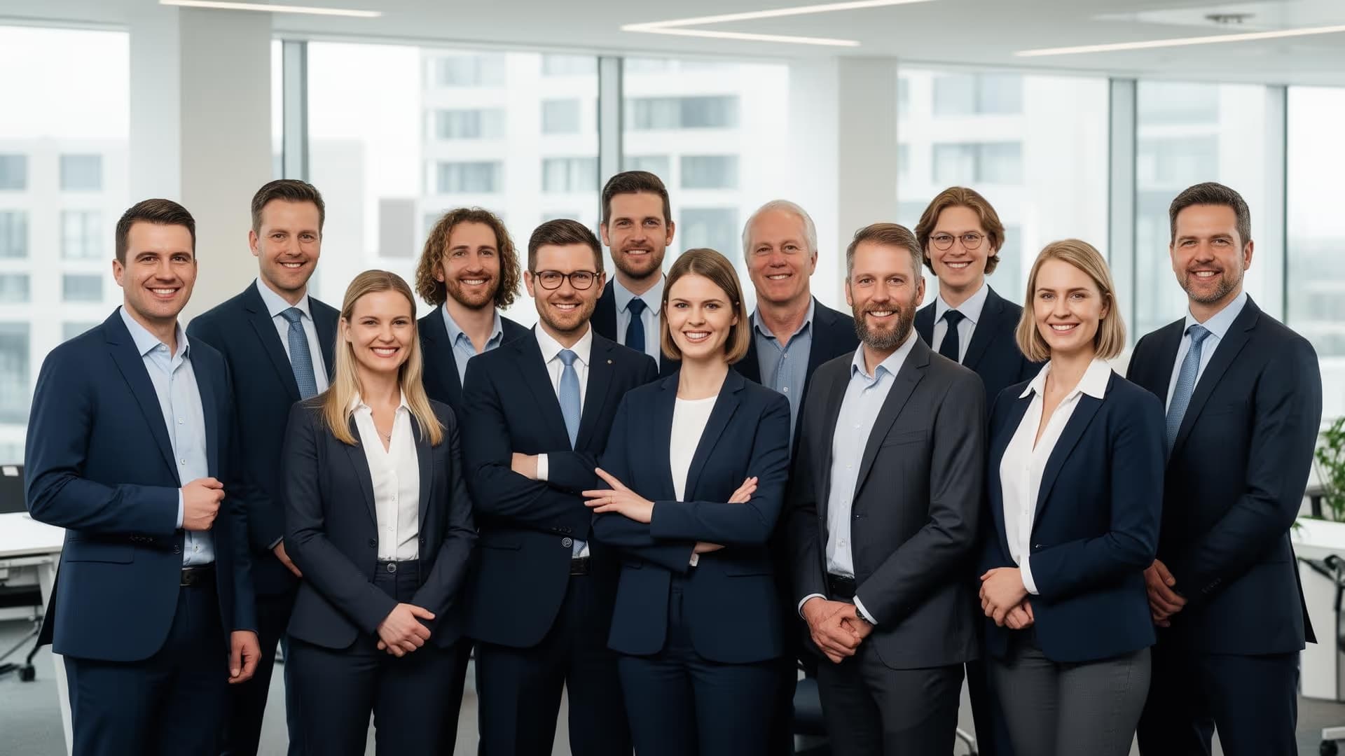 Ein professionelles Team von zwölf Personen in Geschäftskleidung, die in einem hellen Büro lächelnd in die Kamera schauen.